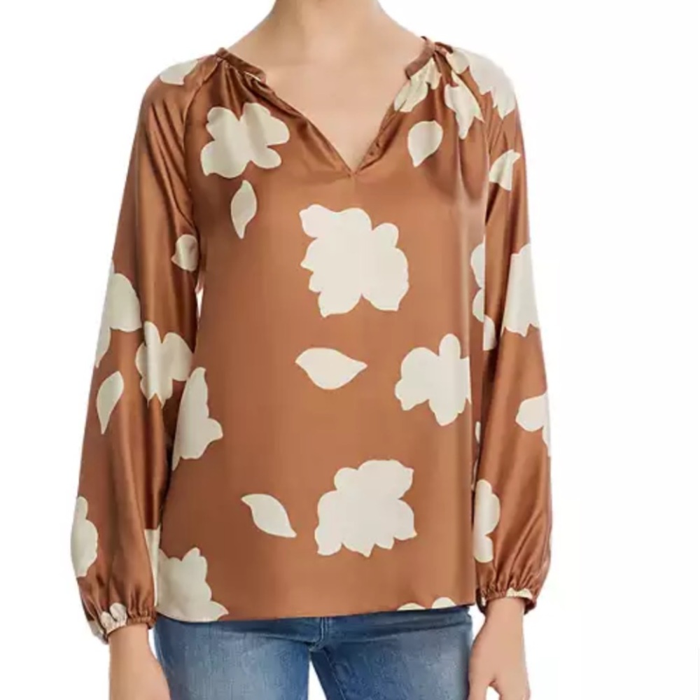 THEORY WOMEN’S BLOUSE, SILK, TAN & CREAM, size medium